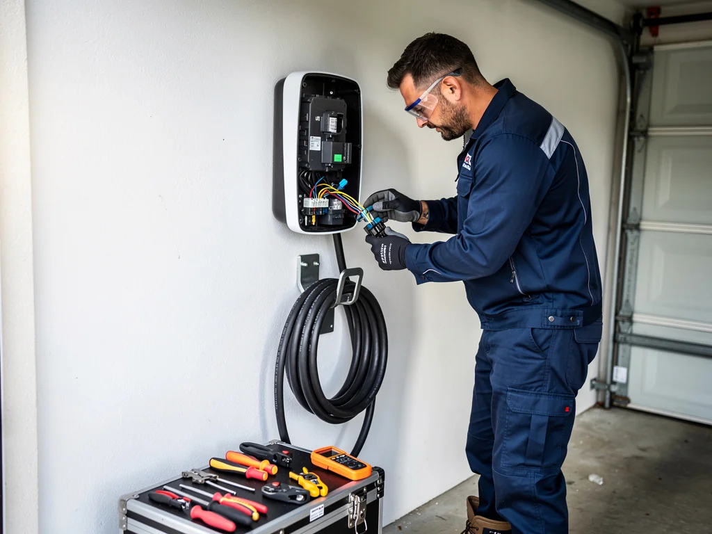 Électricien IRVE en train de raccorder une borne de recharge murale